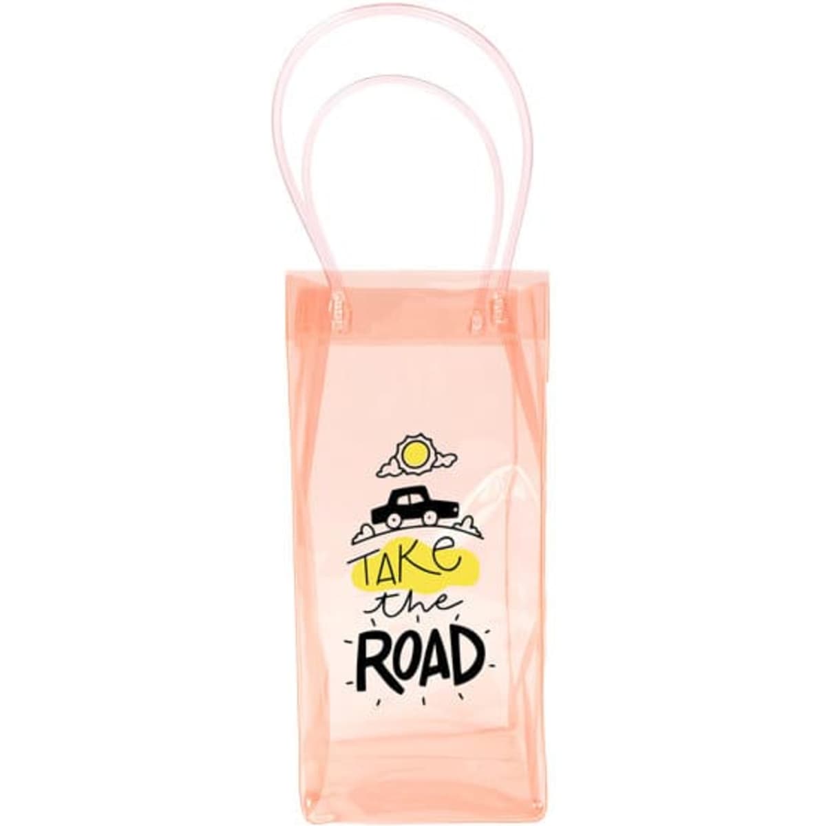 A clear pink wine tote bag featuring a design with a car, sun, and clouds. It has a handle for carrying.