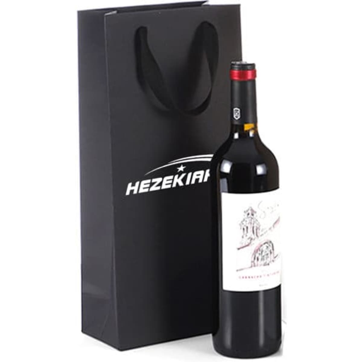 A drink bottle in a sleek black cardboard bag with a logo and sturdy handles.