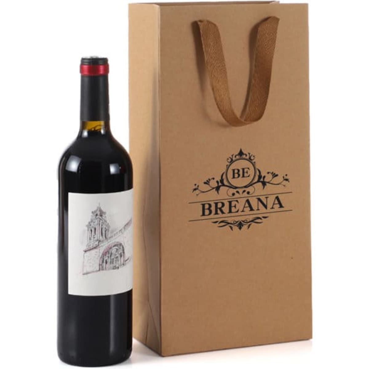 A drink bottle is placed beside a brown kraft paper wine gift bag featuring a logo and a handle.