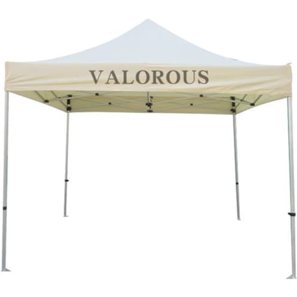 A beige aluminum alloy hexagonal exhibition tent with a white canopy and a branding logo on one side.