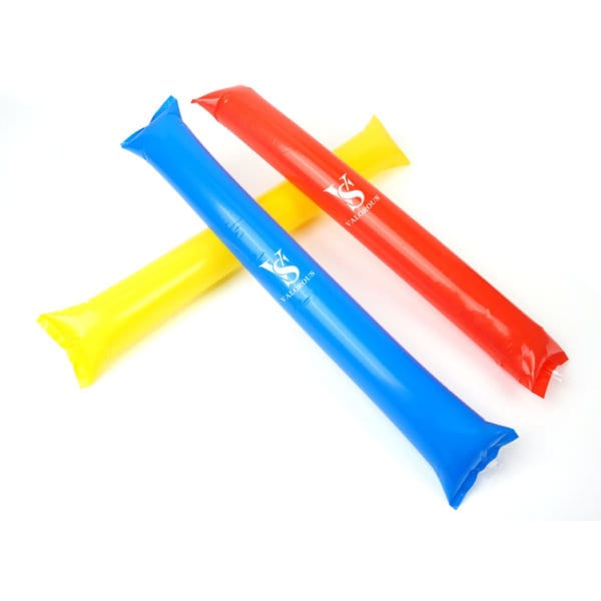 Three inflatable cheering sticks in blue, red, and yellow, featuring a logo on each stick.