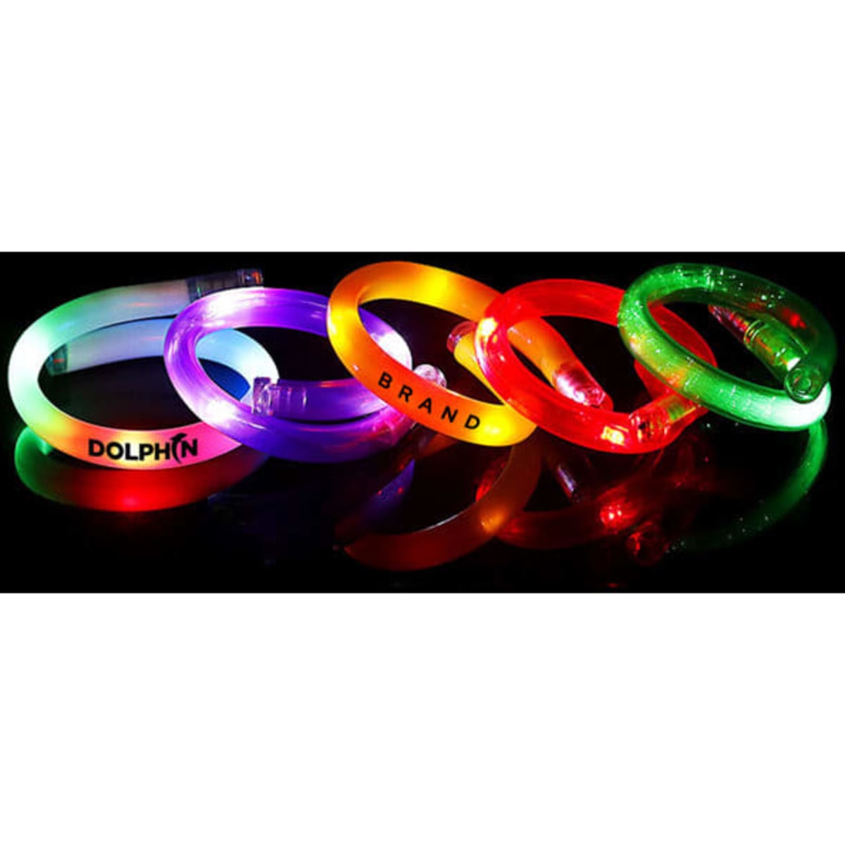 A set of LED luminous bracelets in various colours, including purple, red, green, and yellow, featuring a logo.