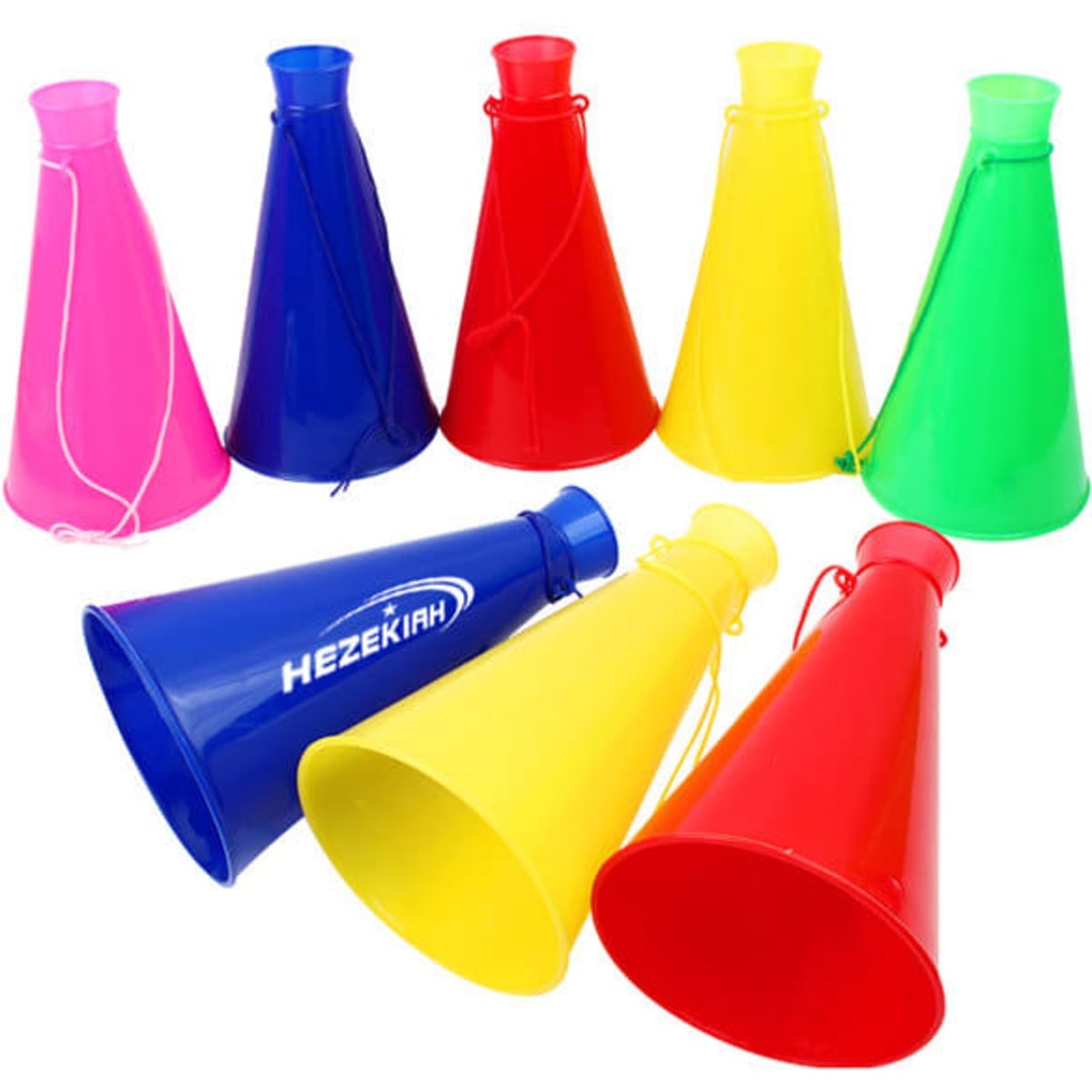 A set of plastic cheering horns in pink, blue, yellow, red, and green. Some feature branding.