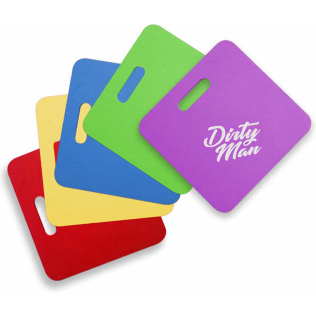 A set of five EVA foam seat cushions in red, yellow, green, blue, and purple, featuring a logo on one cushion.