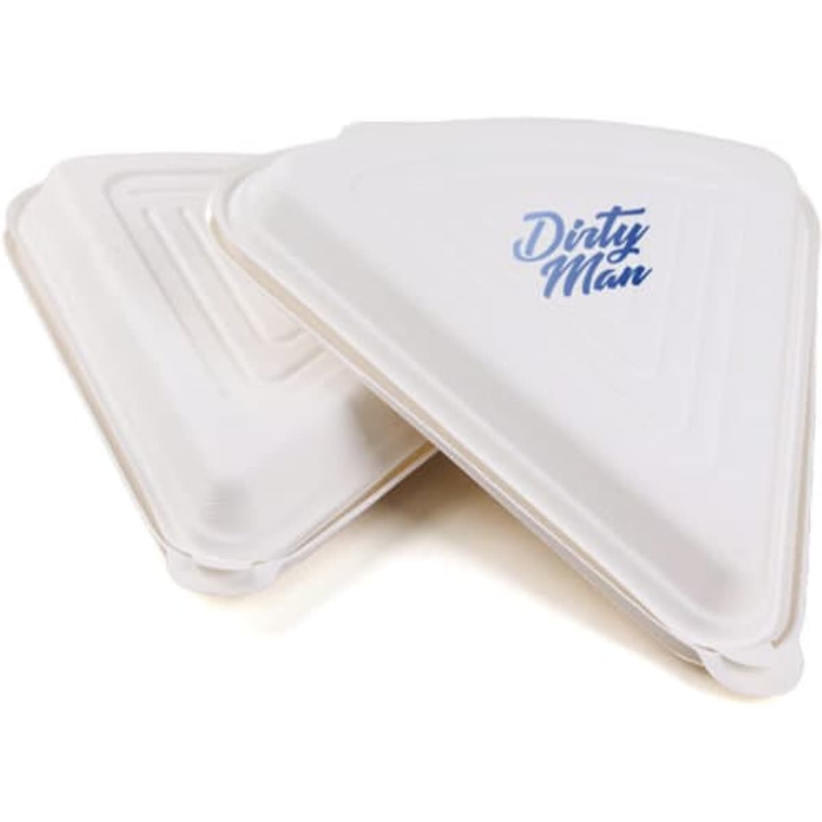 Two white biodegradable pizza boxes in a triangular shape, featuring a logo on the surface.