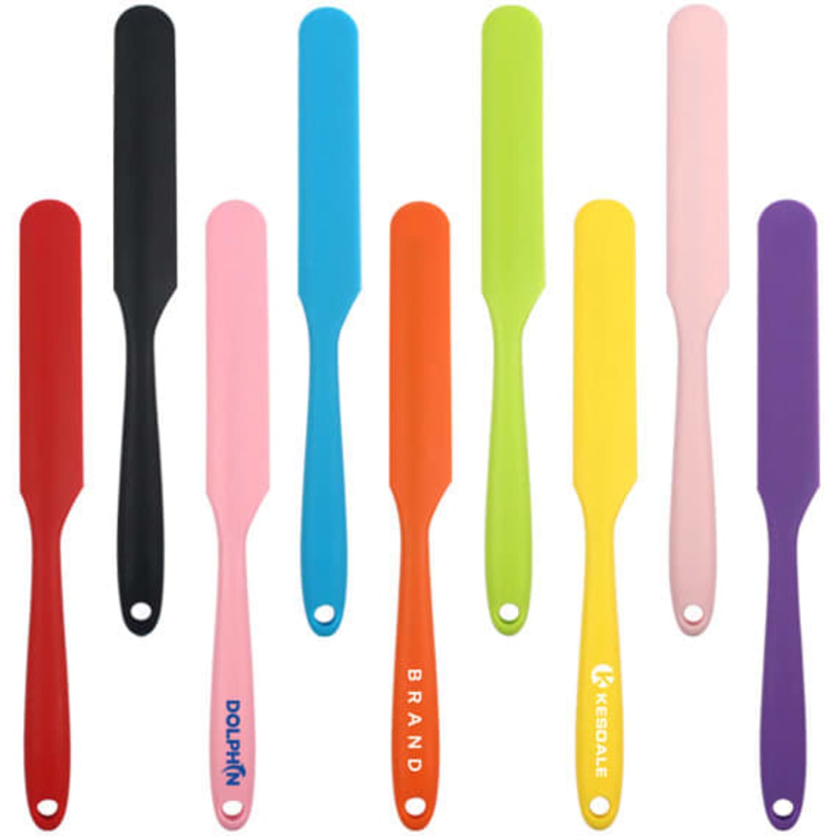 A collection of long handle silicone cream spatulas in various colours, including black, blue, green, orange, yellow, pink, and purple.