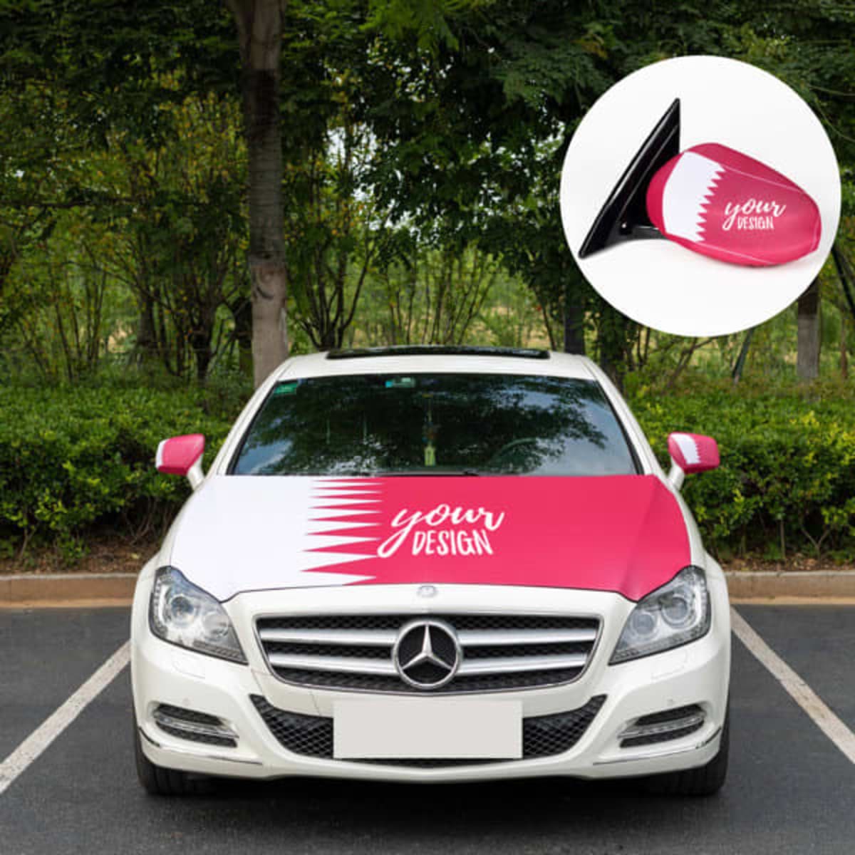 A car hood cover flag in pink and white with a design space, featuring a sleek car parked outdoors.