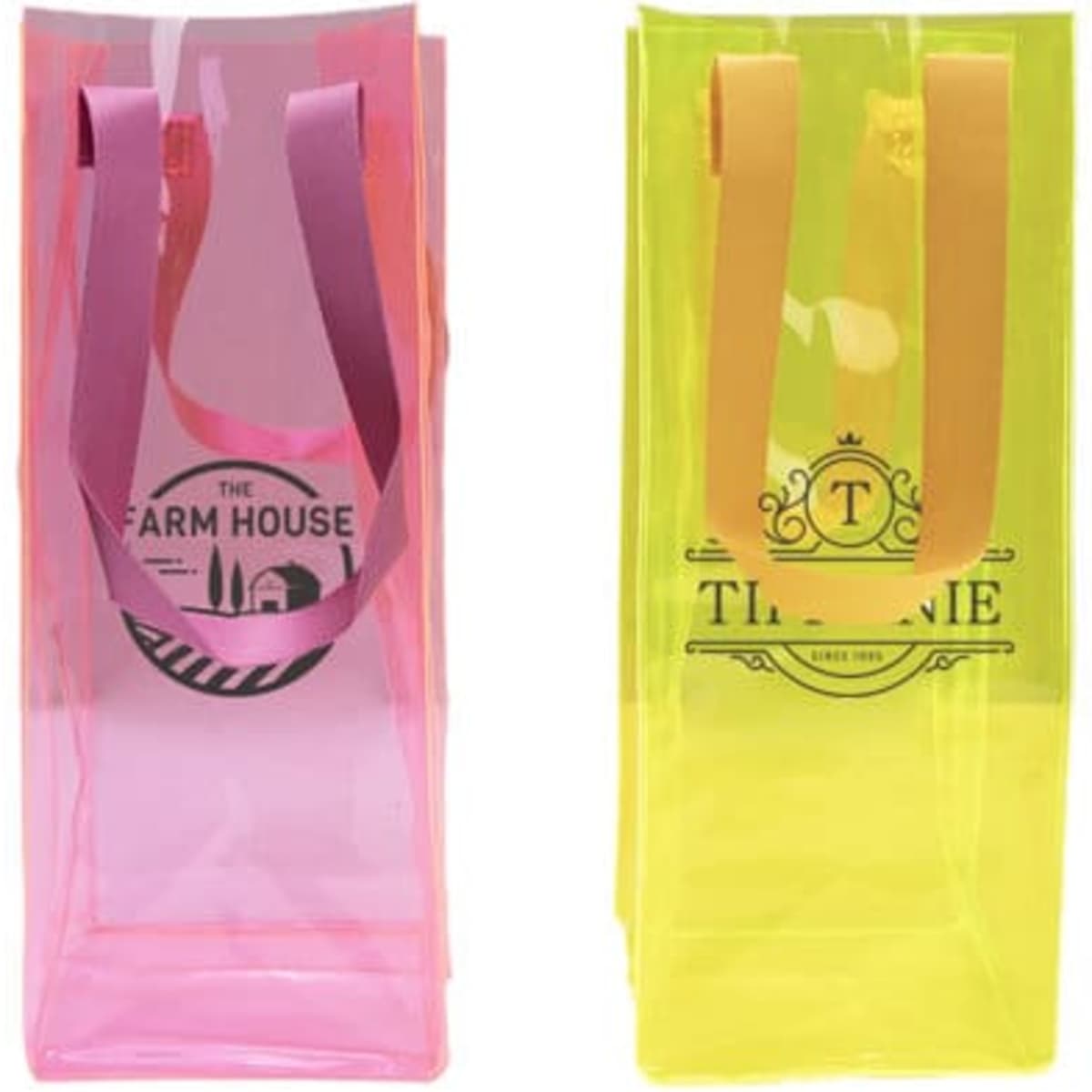 A clear jelly wine ice bag in pink and yellow, featuring handles and logos on each side.