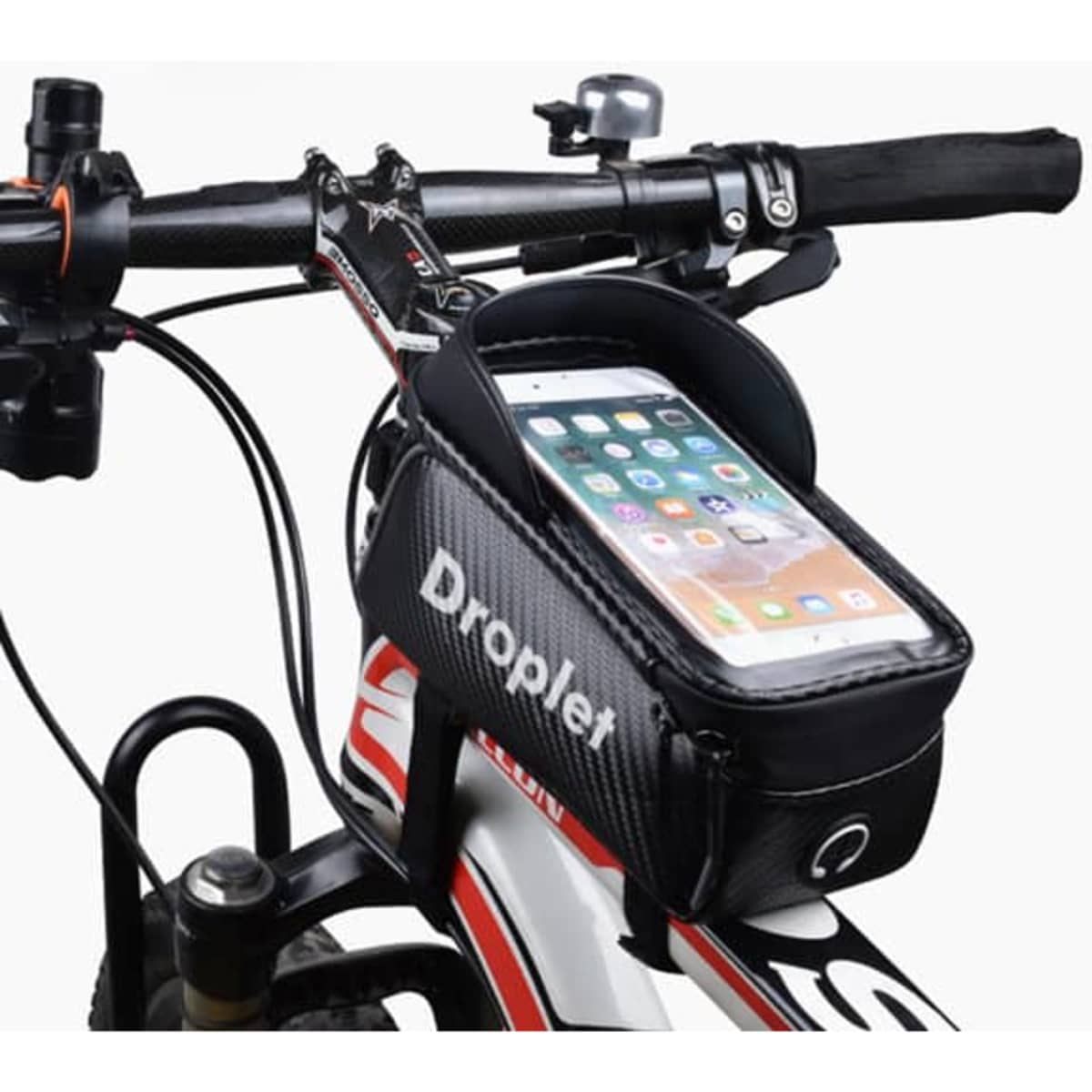 A black touchscreen bicycle front frame bag with a clear pocket for a mobile device, mounted on a bike handlebar.