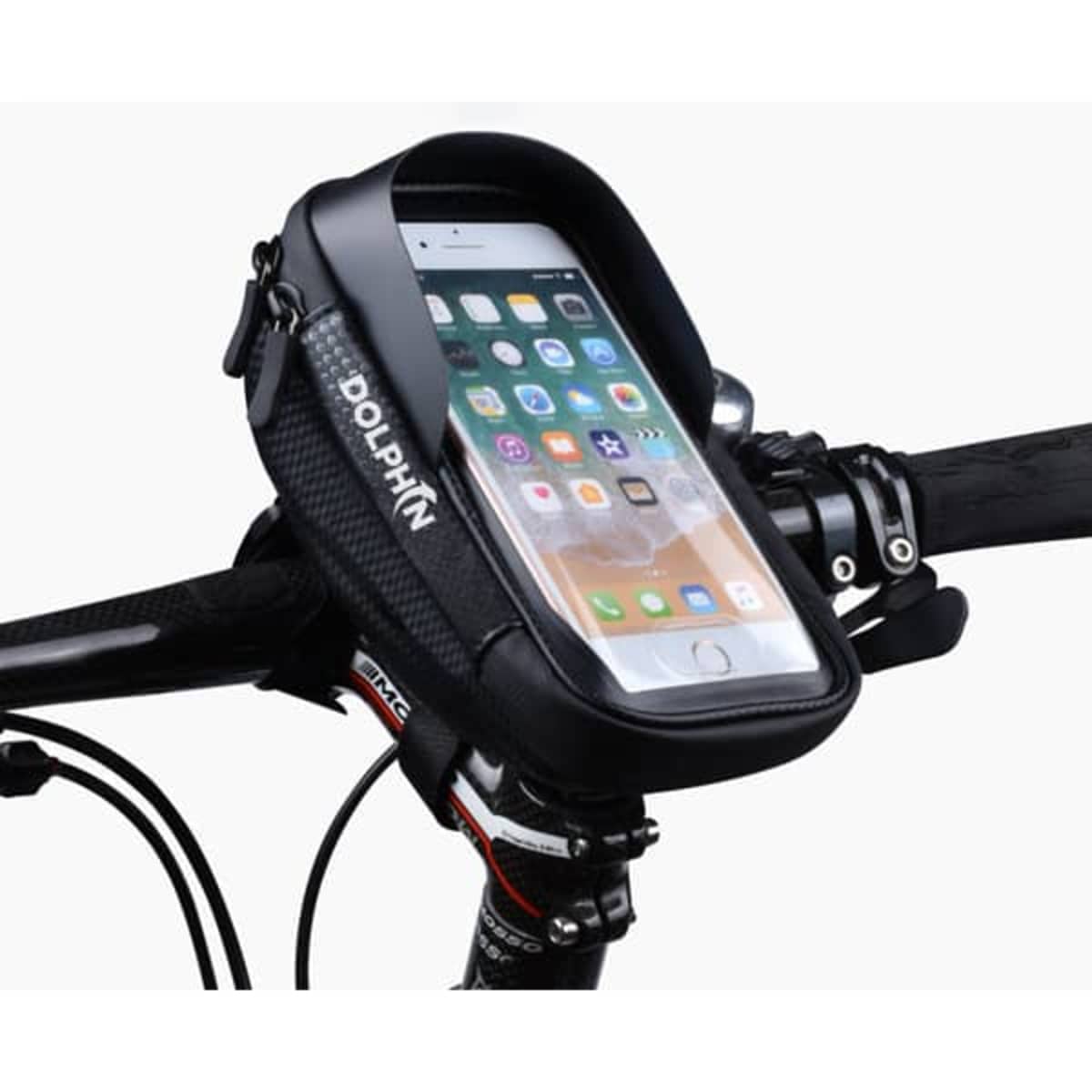 A waterproof bike handlebar bag in black, featuring a transparent top for smartphone visibility and a logo.