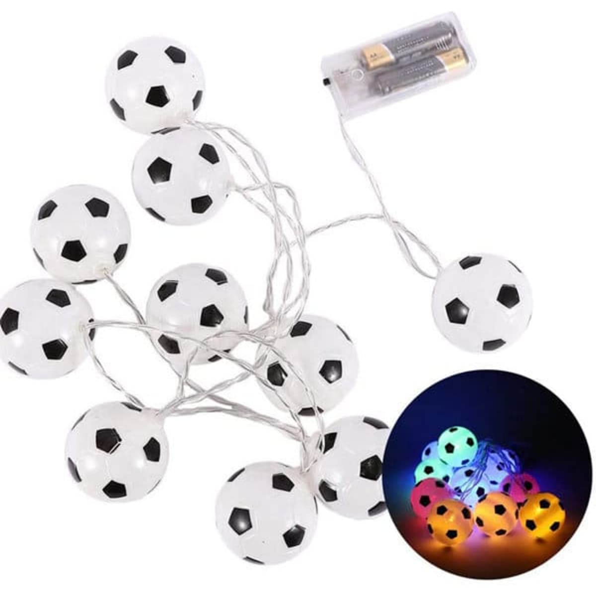 A string of 10 white football-shaped lights with black patches, featuring a battery pack for power.