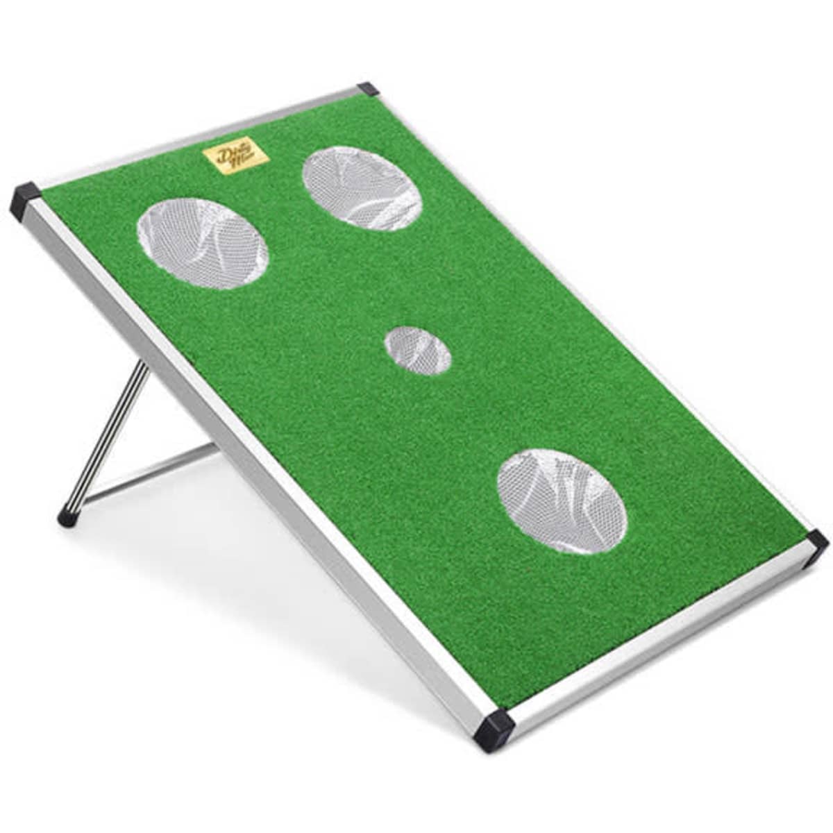 A green indoor golf cornhole game with a sloped design and three target holes, featuring a metal frame.