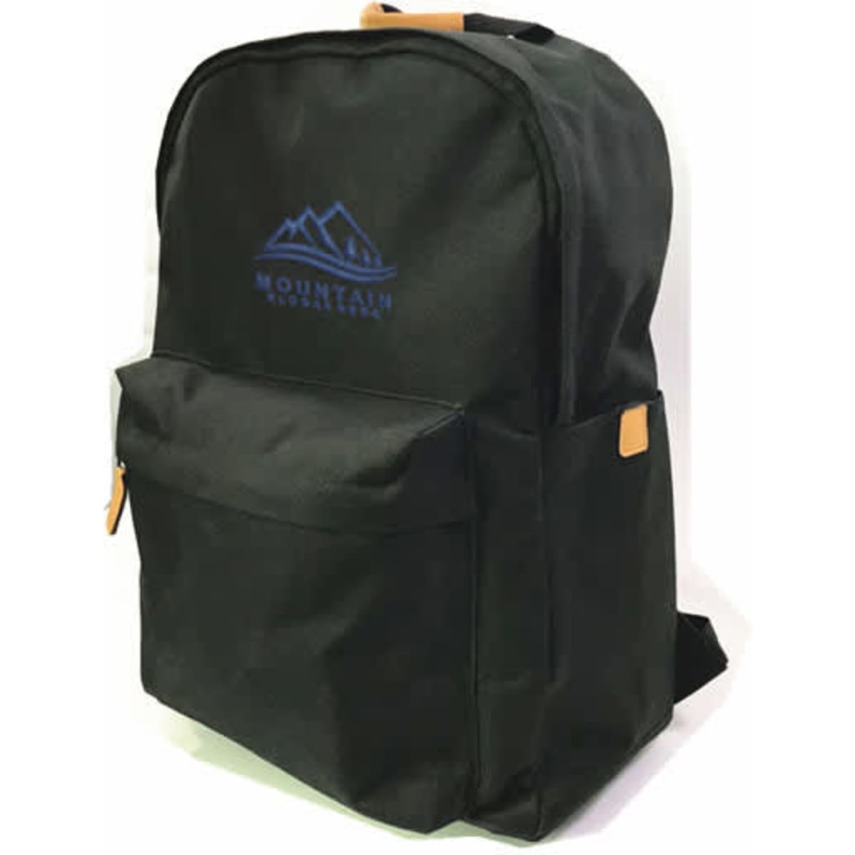 A black RPET Oxford cloth school backpack with a front pocket and a logo. Features adjustable shoulder straps.