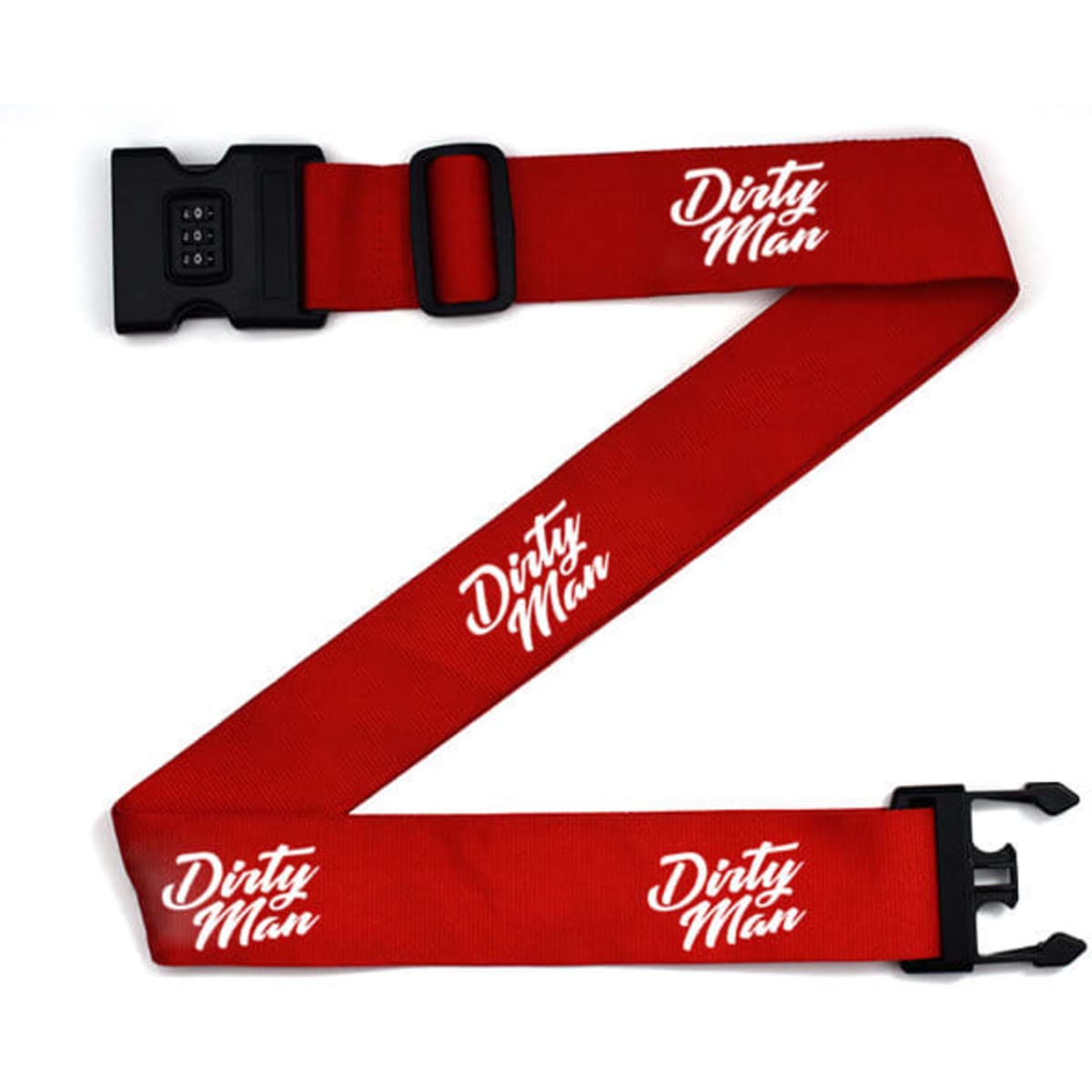 A red luggage strap with a password lock and a logo. The strap features a secure buckle for fastening.