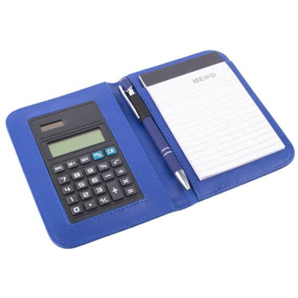 A blue leather notebook featuring a built-in calculator and a notepad with a pen. It has a logo on the cover.