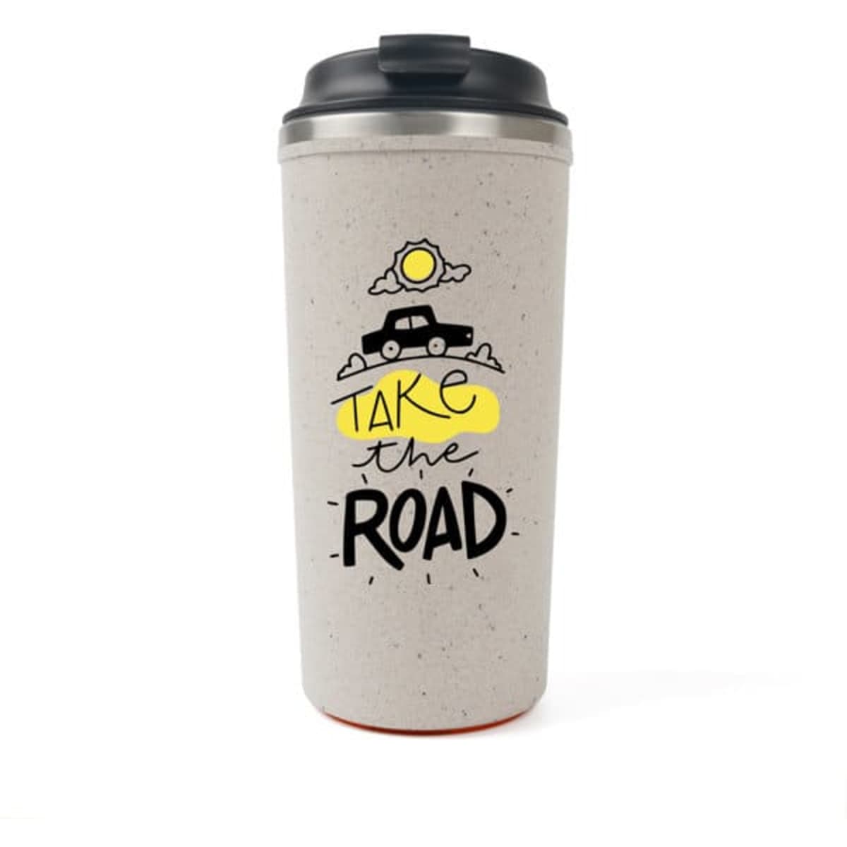 A reusable grey coffee cup with a black lid and a graphic design featuring a car and sun.