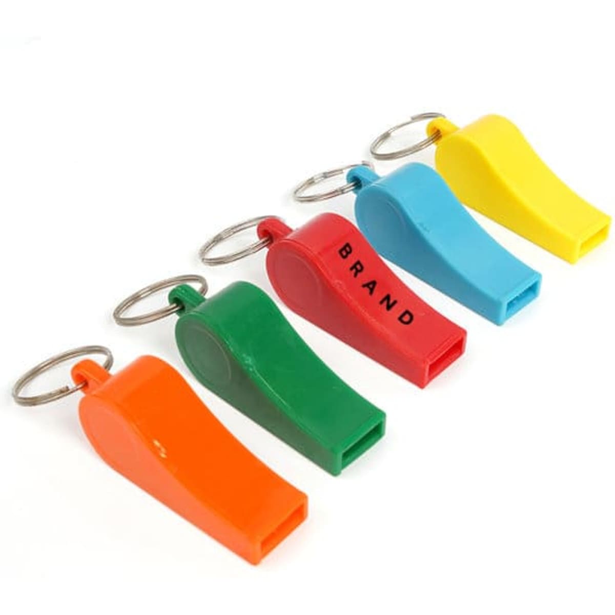 A set of five plastic sports whistles in orange, green, red, and yellow, attached to keyrings, with one featuring a logo.