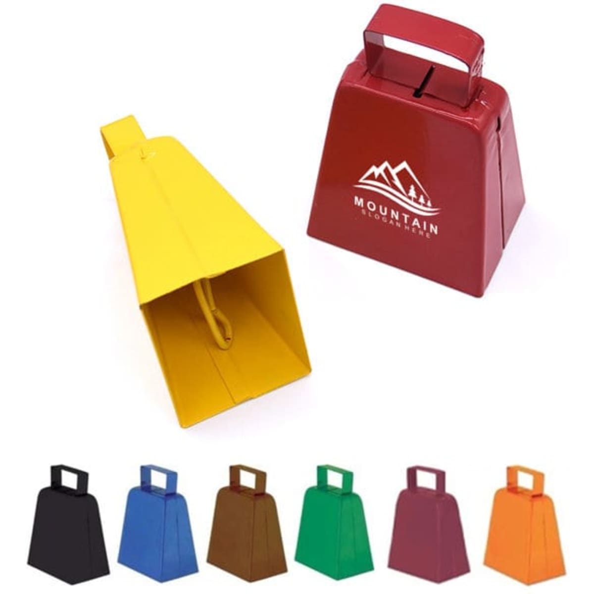 A collection of metal cowbells in various colours, including yellow, red, black, brown, green, and orange, with a handle.