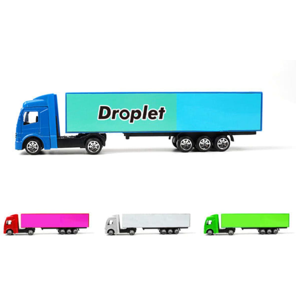 A blue alloy container truck toy with a blank trailer, accompanied by red, pink, white, and green versions.