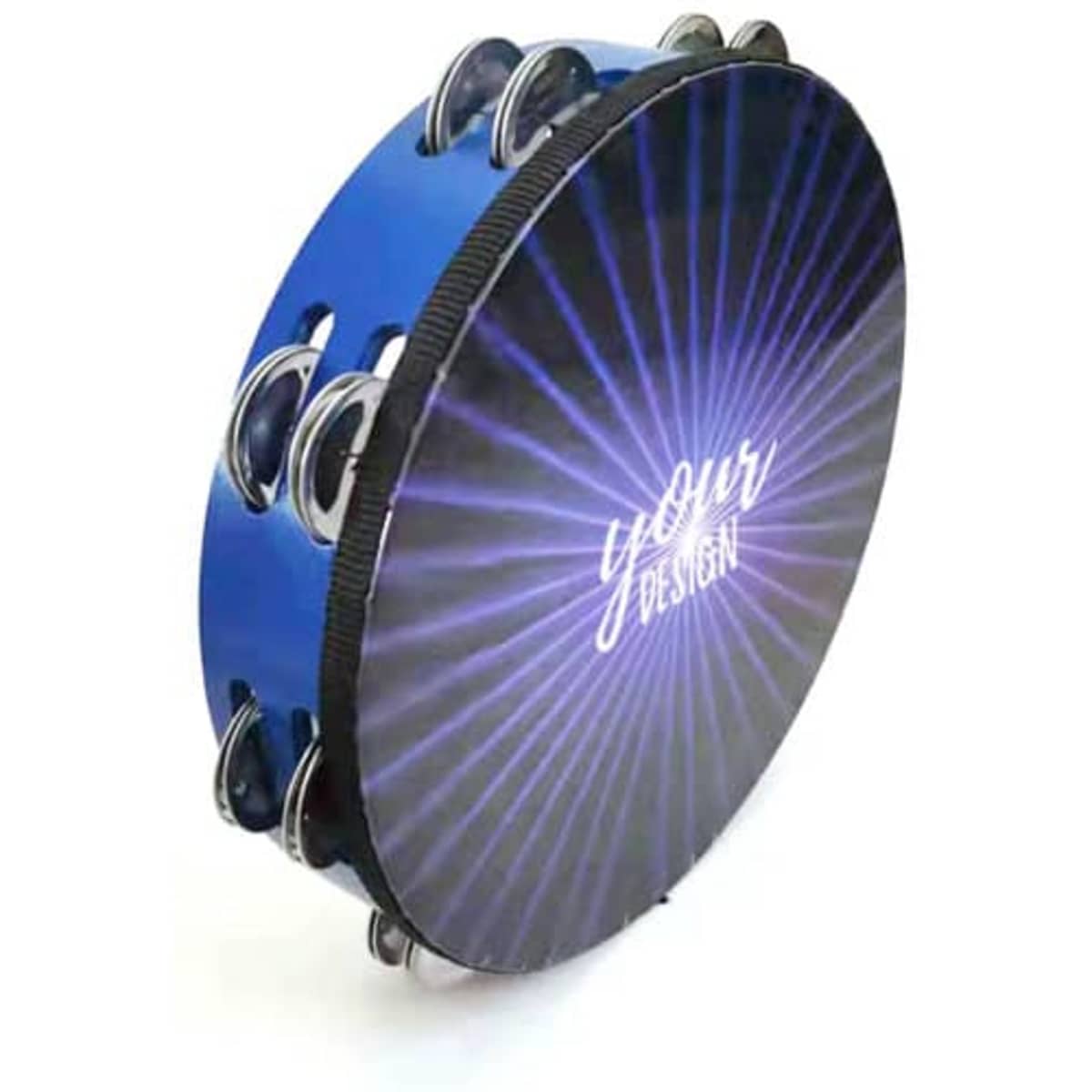 A blue tambourine featuring double rows of jingles, designed for custom branding.