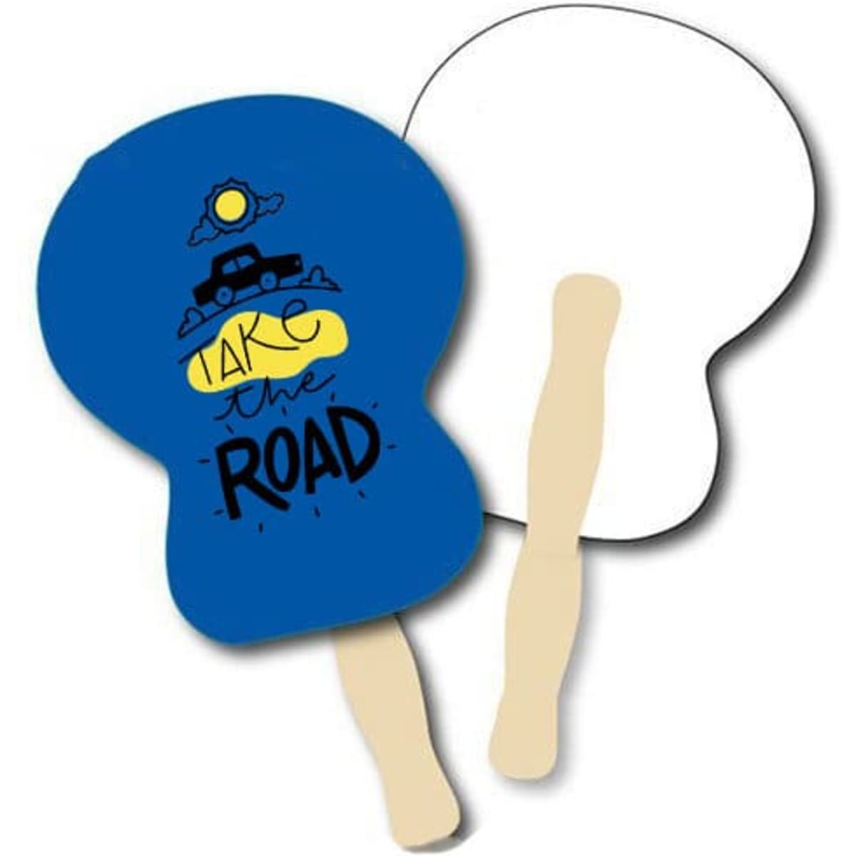 A blue handheld paddle fan featuring a design with a sun and a car, with a light wooden handle.