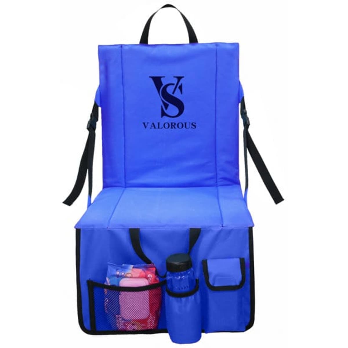 A blue folding stadium seat cushion with a pocket and a drink bottle holder, featuring a logo.