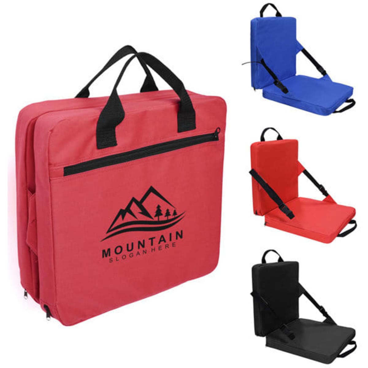A red stadium seat cushion with back support, featuring a logo, alongside blue, red, and black options.