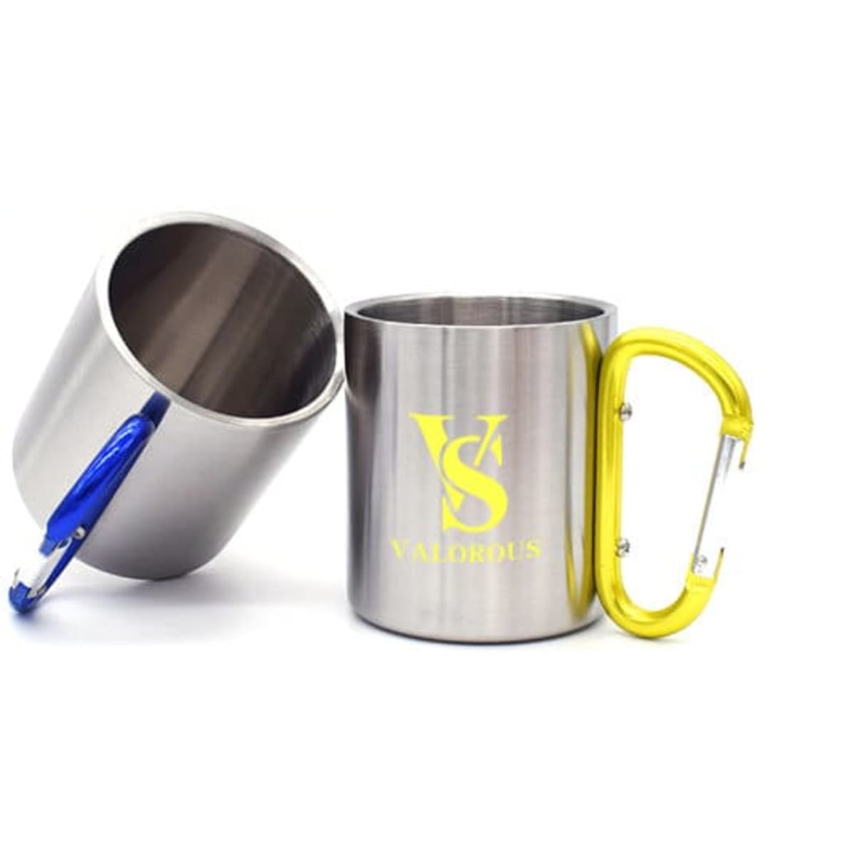 A stainless steel camping mug with a yellow carabiner, featuring a logo in blue.
