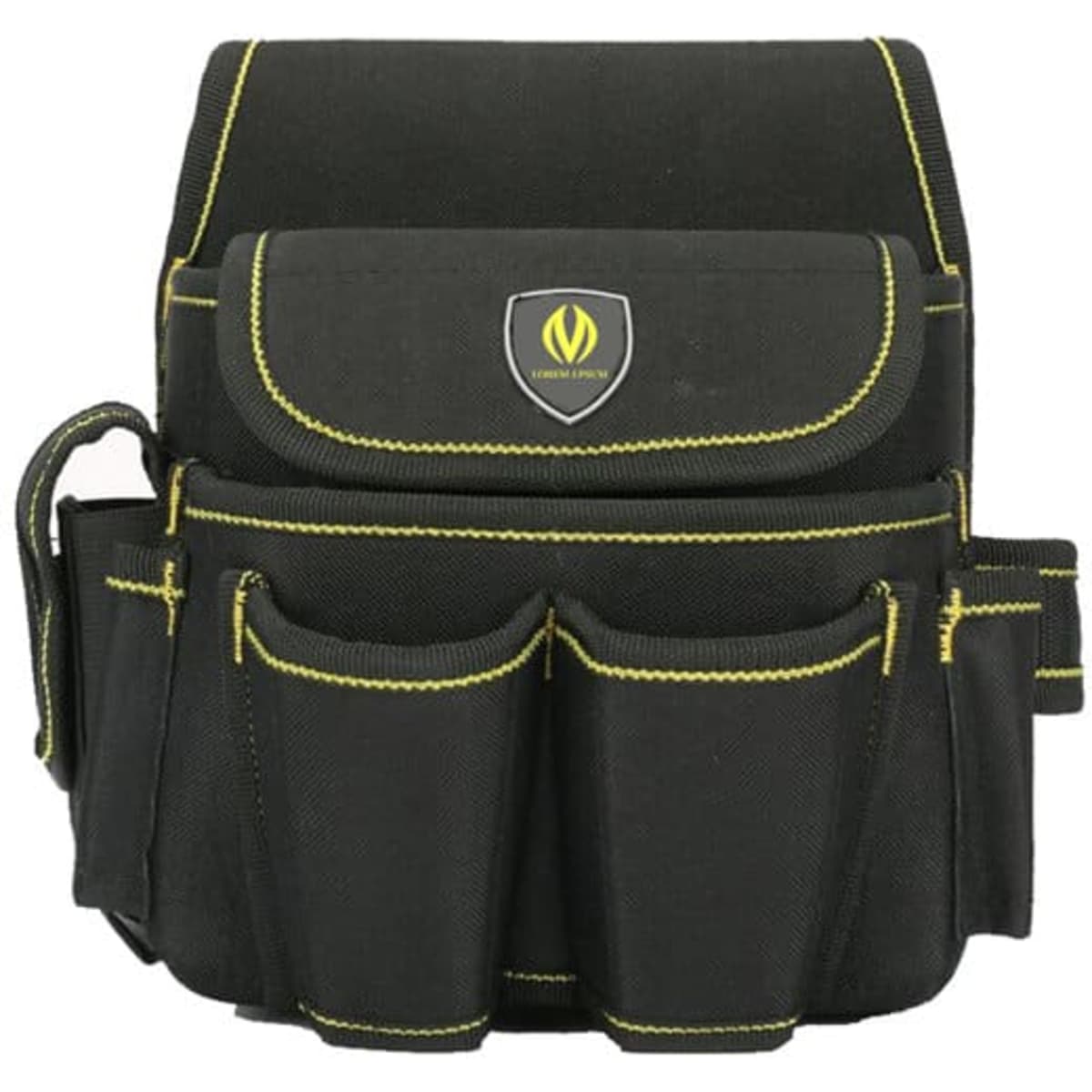 A multifunction electrician tool bag in black with yellow stitching and various external pockets. It has a logo on the front.