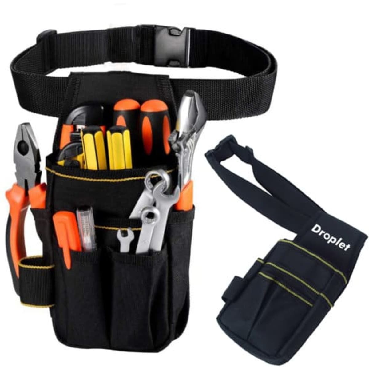 A black Oxford cloth tool waist bag featuring various tools with orange accents and a strap for wearing.
