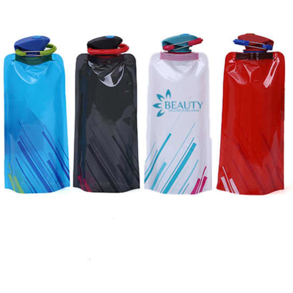 A drink bottle set in blue, black, white, and red, featuring a logo and a foldable design for easy storage.
