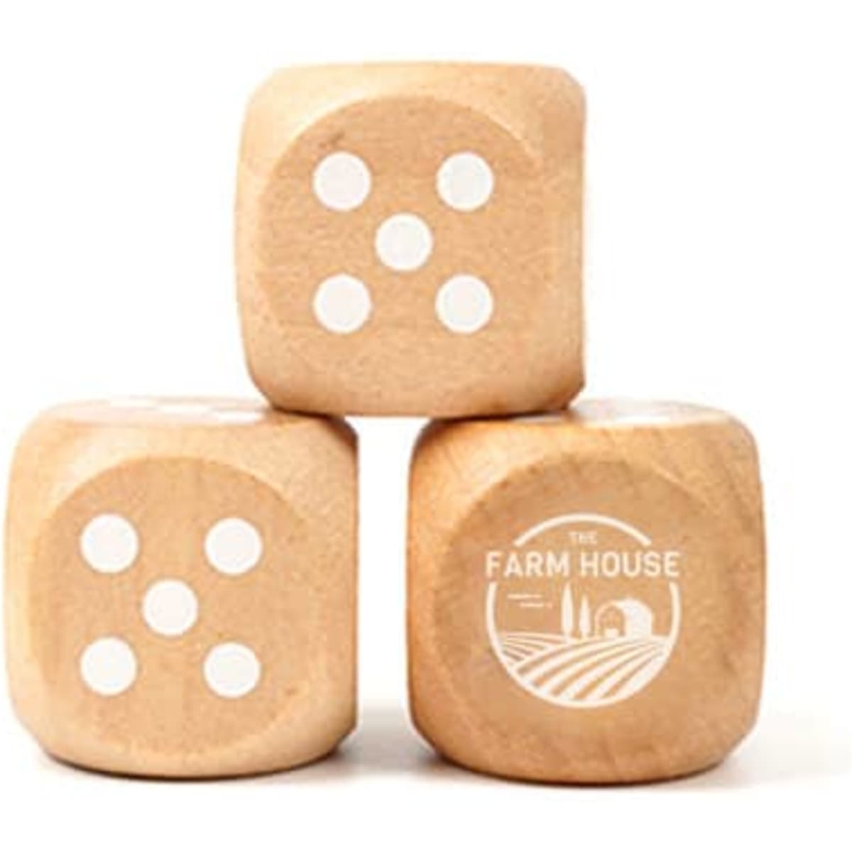 Three custom blank wooden dice in natural wood colour, featuring white dots and one logo.