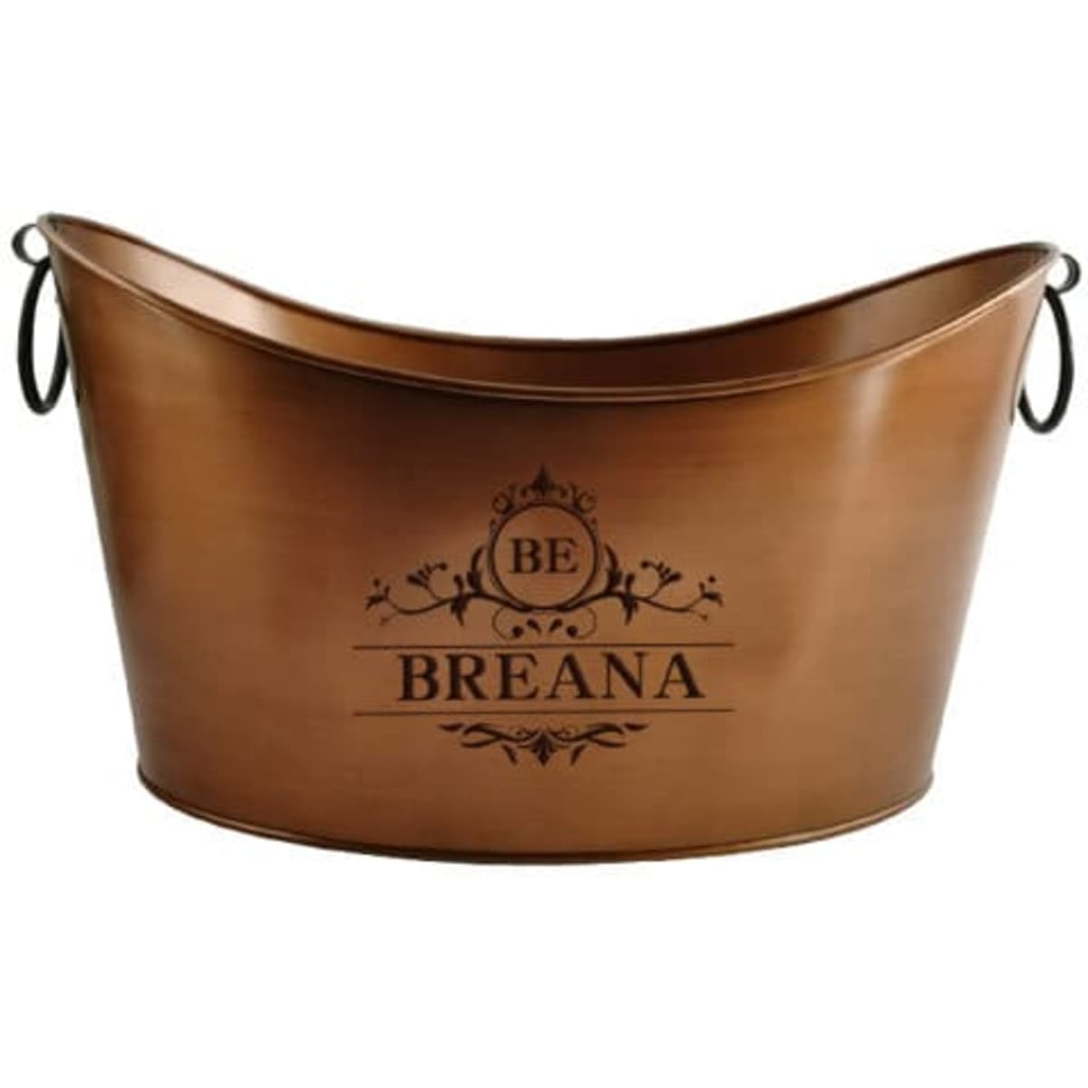 A large, bronze-coloured galvanized ice bucket with handles and a decorative logo.