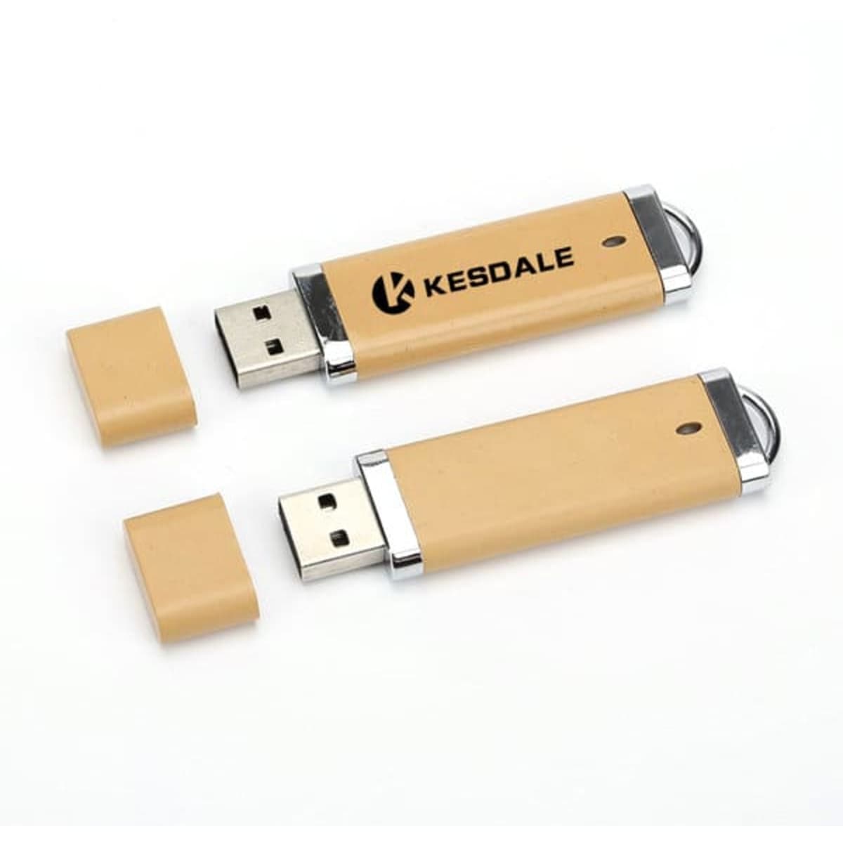 A wheat straw USB flash drive in a lighter shape, featuring a beige casing and a logo.