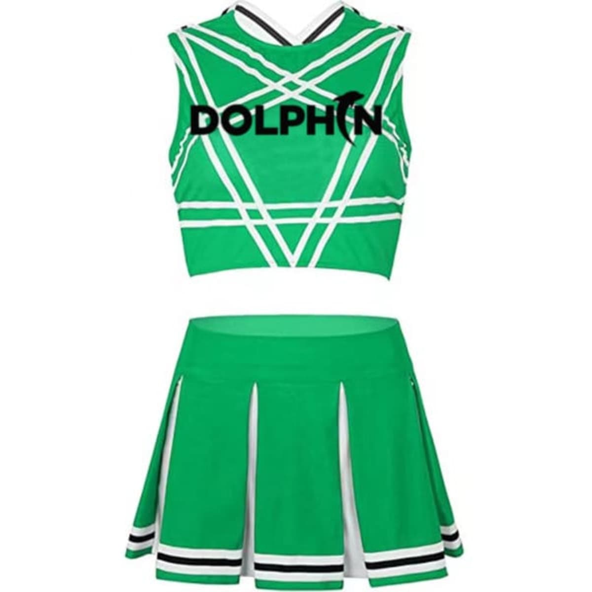 A green cheerleading costume featuring a crop top with crisscross patterns and a matching skirt, with a logo.