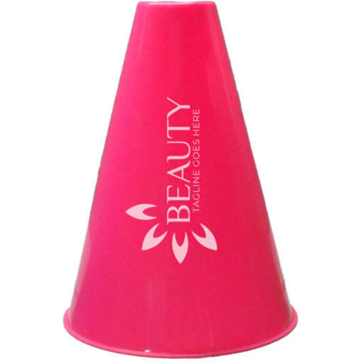 A pink megaphone with a logo design on the side, shaped like a cone.