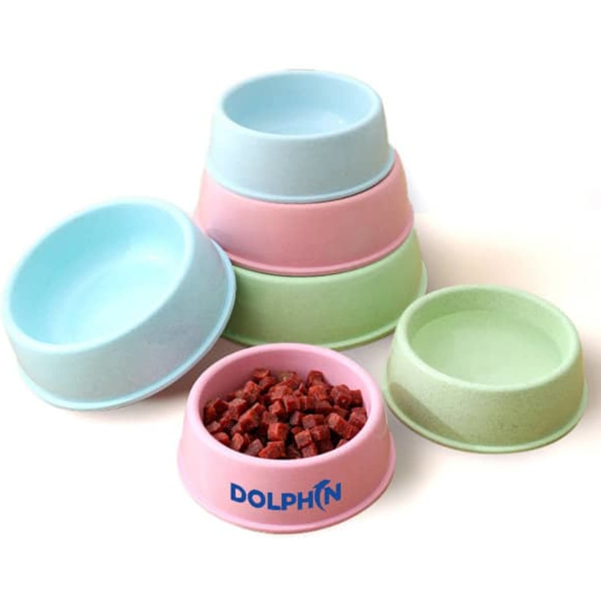 A set of wheat straw pet food bowls in pastel colours: pink, blue, green, and a bowl with pet food. Features a logo.