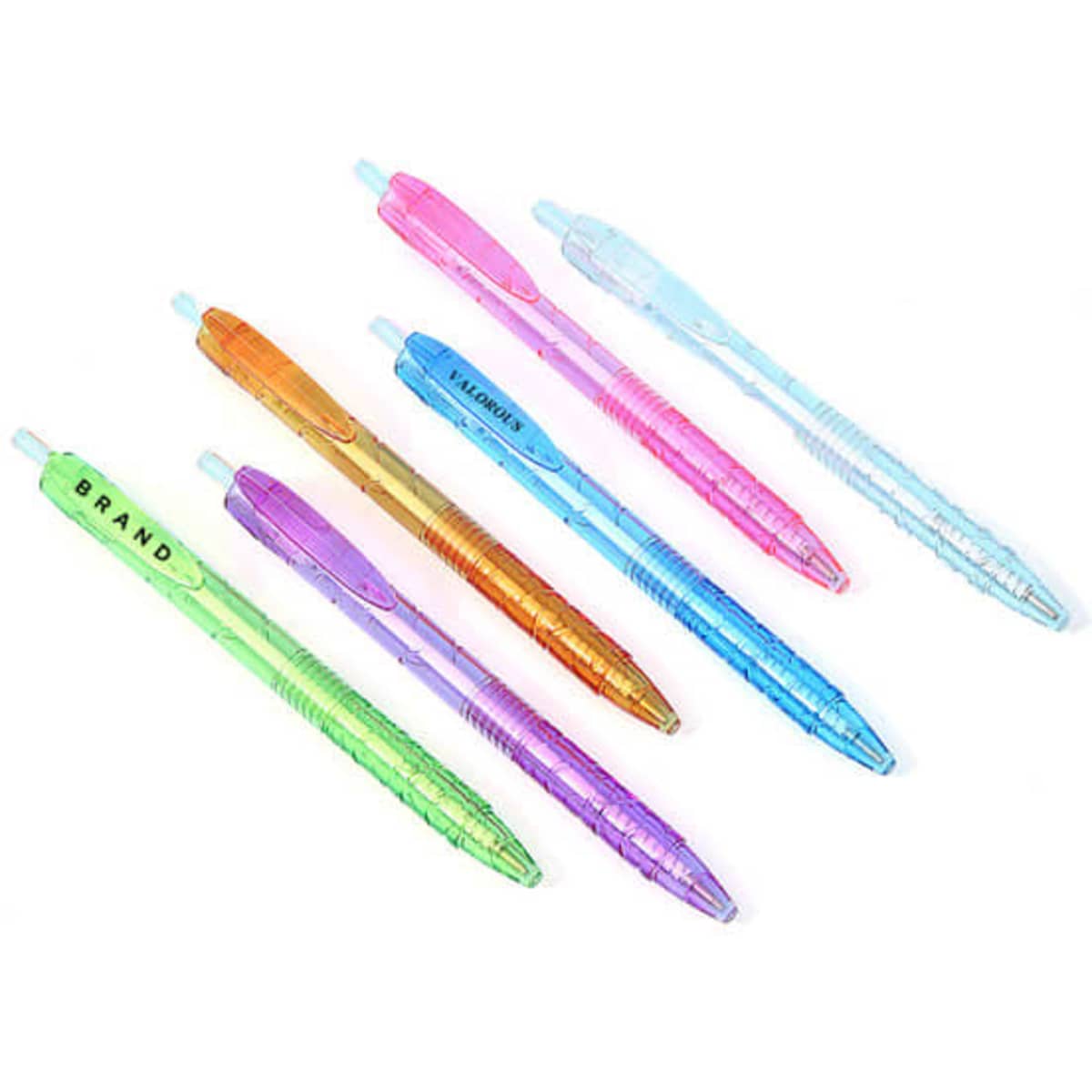 A set of colourful plastic ballpoint pens in green, blue, pink, purple, and orange, each with a branding logo.