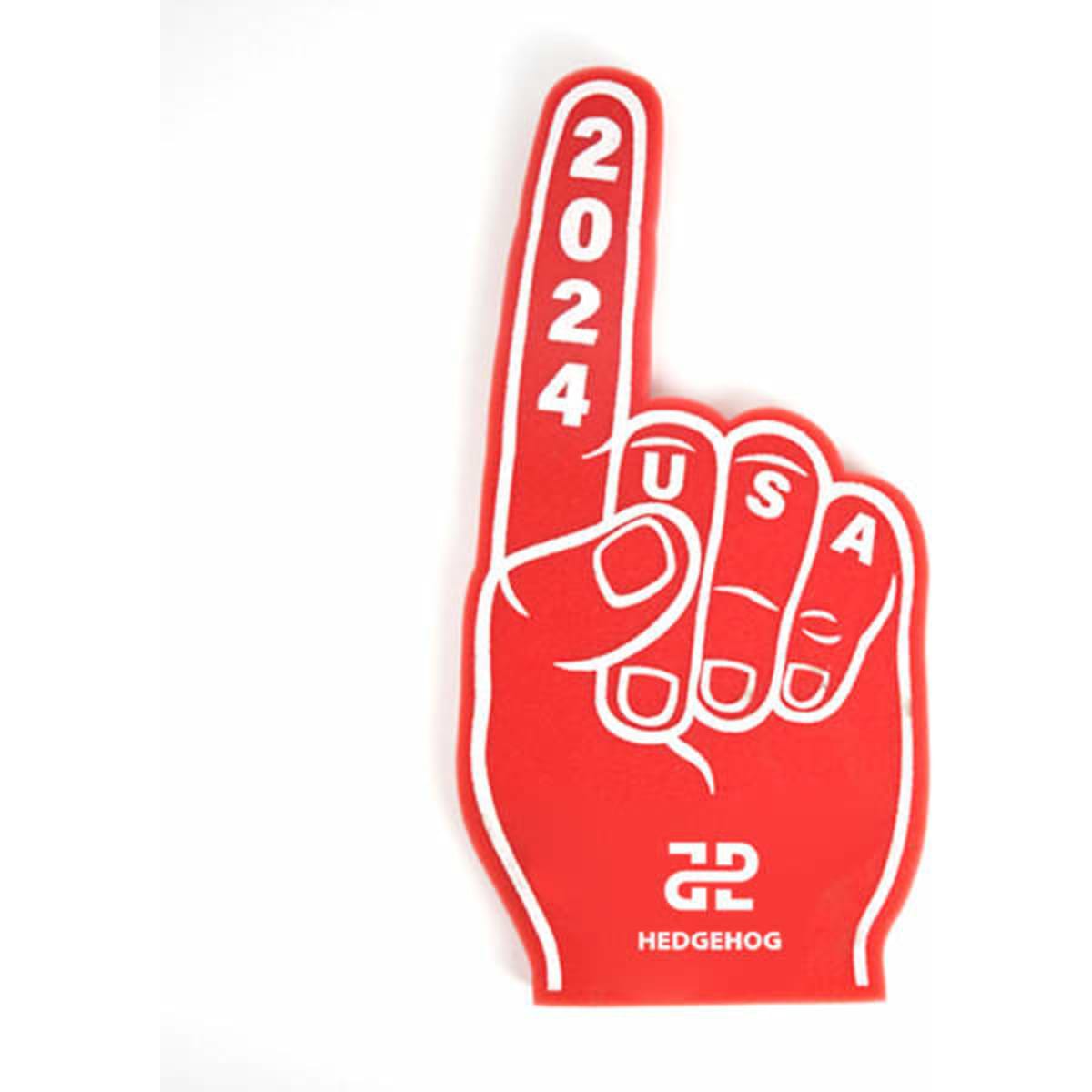 A red foam finger with one finger raised, featuring a logo and the text "2024 USA".