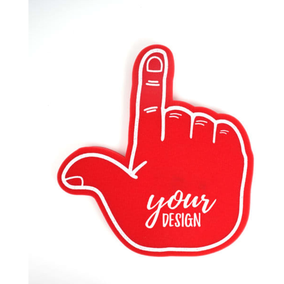 A red foam hand in the shape of a raised index finger, featuring a placeholder for custom design.