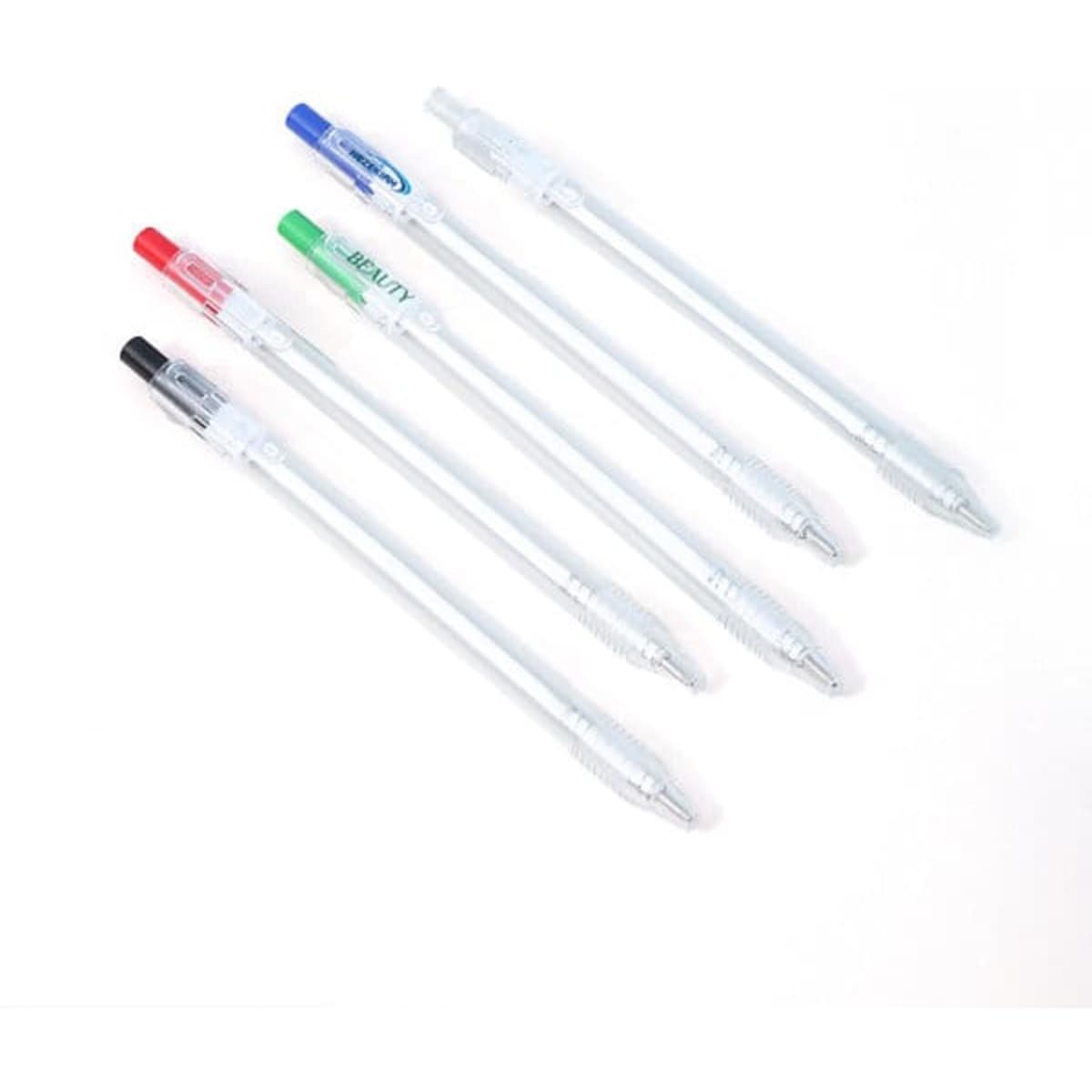 A selection of eco-friendly clear ballpoint pens in black, blue, red, and green, featuring various branding logos.