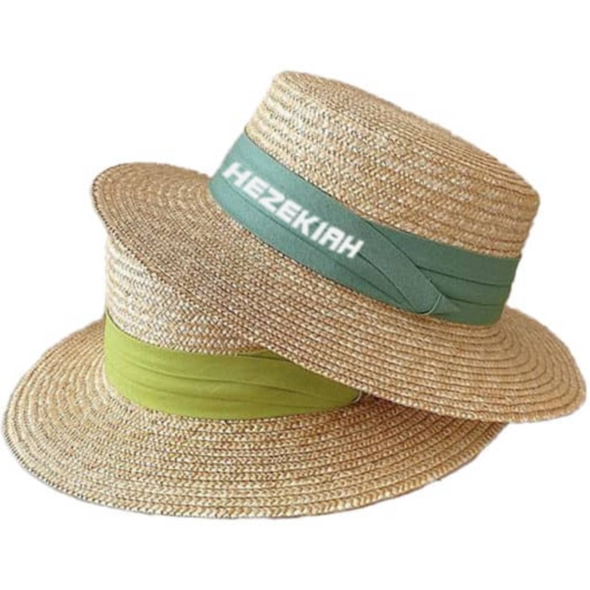 A pair of wheat straw sun hats featuring green and light green bands, each with a branding logo.