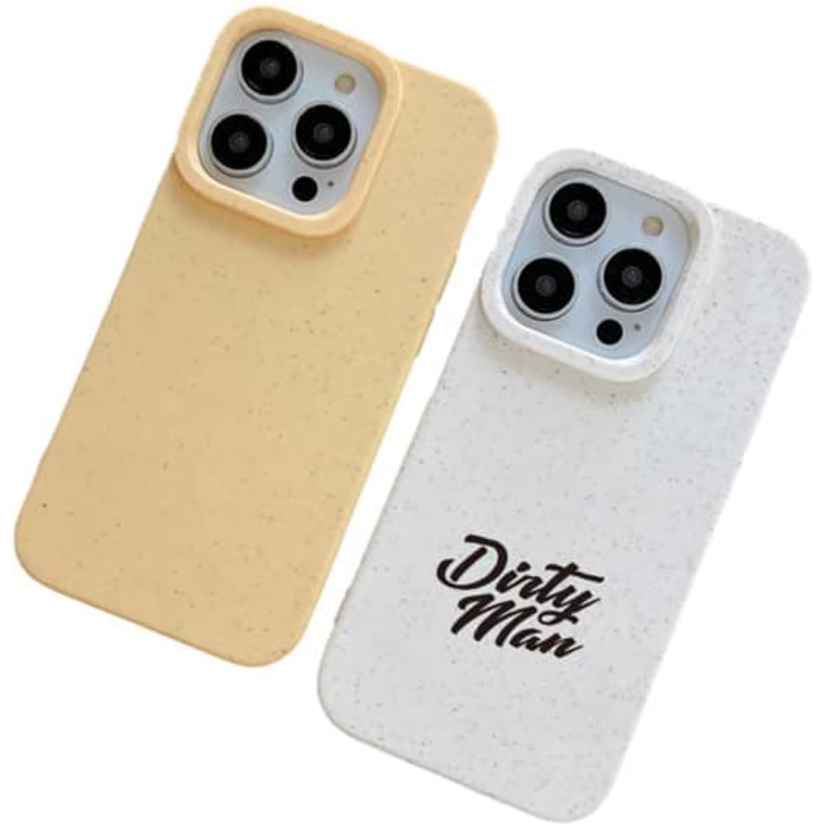 Biodegradable phone cases in yellow and white with a logo, designed for technology devices.