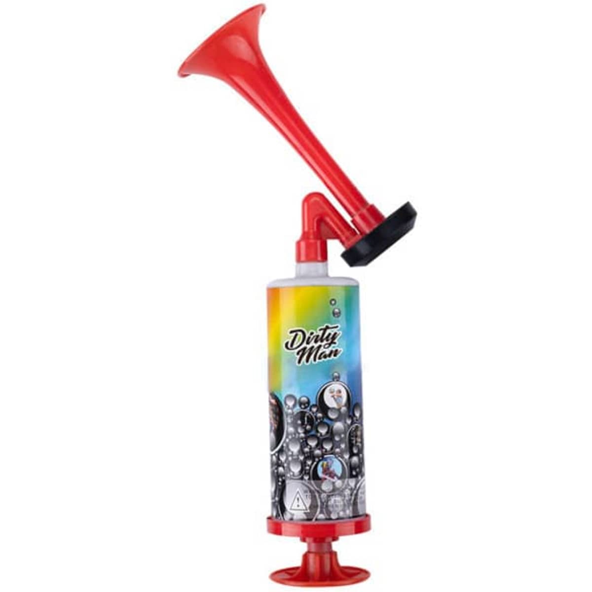 A small handheld air horn pump in red, featuring a colourful design with a logo, suitable for leisure and sports activities.