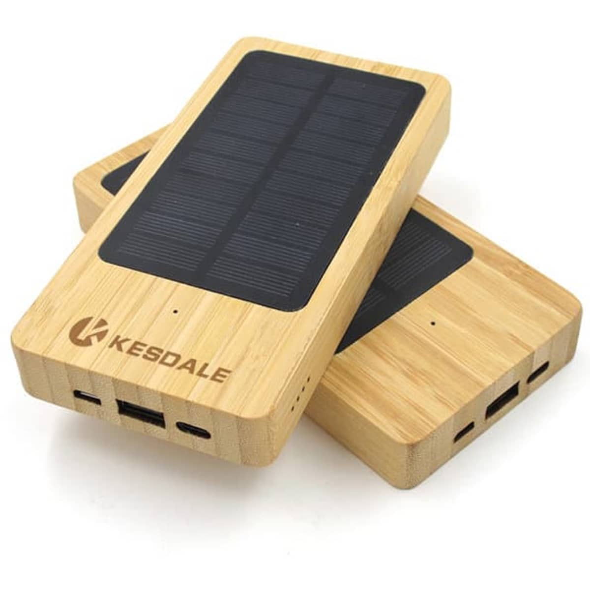 A portable bamboo solar power bank in natural wood finish, featuring a solar panel and multiple USB ports.