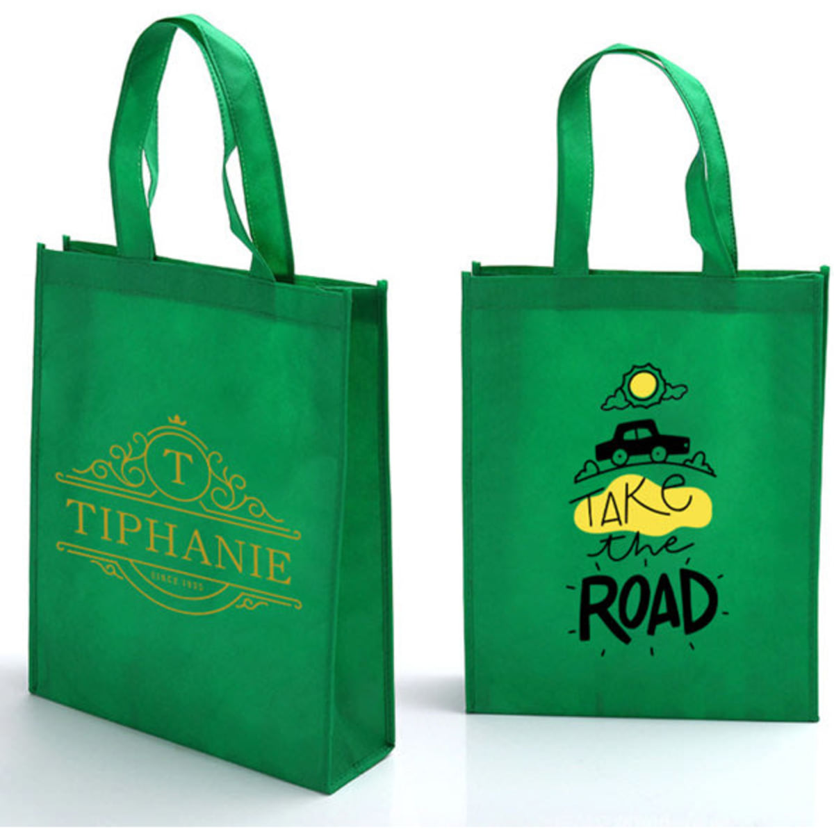 A green RPET non-woven shopping bag featuring a logo on one side and a car graphic on the other.