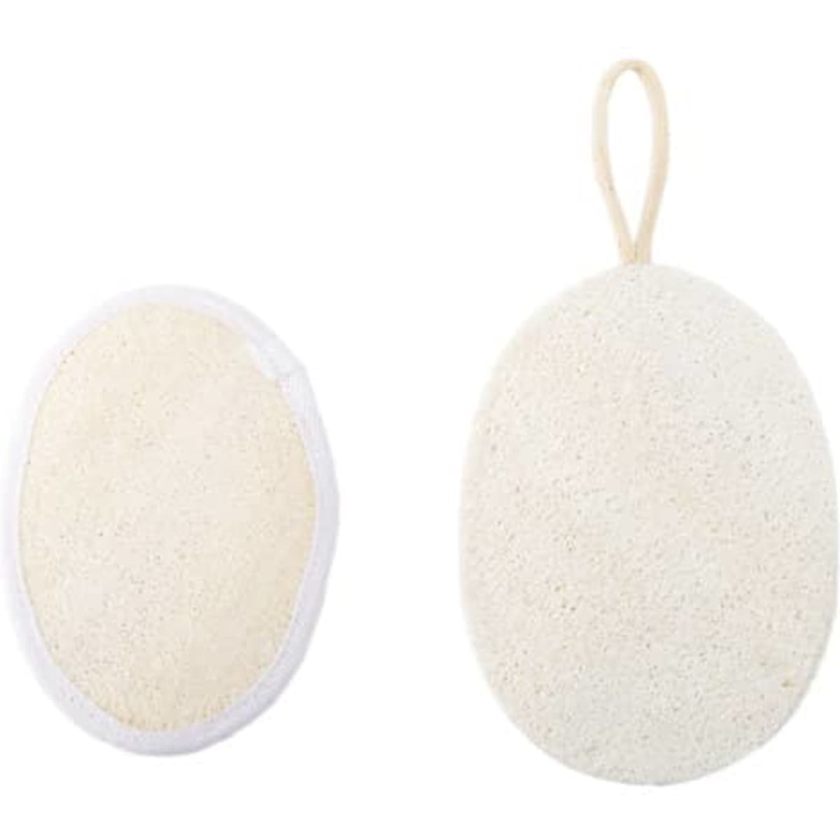 Exfoliating loofah sponge pads in white, featuring a loop for hanging. One pad is oval-shaped and the other is flat.