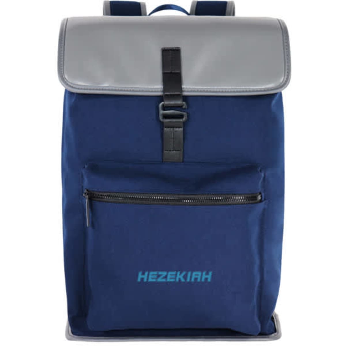A lightweight navy blue RPET backpack with a grey flap and front zip pocket, featuring a logo.