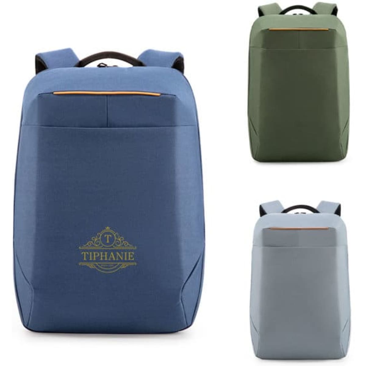 Three RPET laptop backpacks in blue, grey, and green, each featuring a logo on the front.