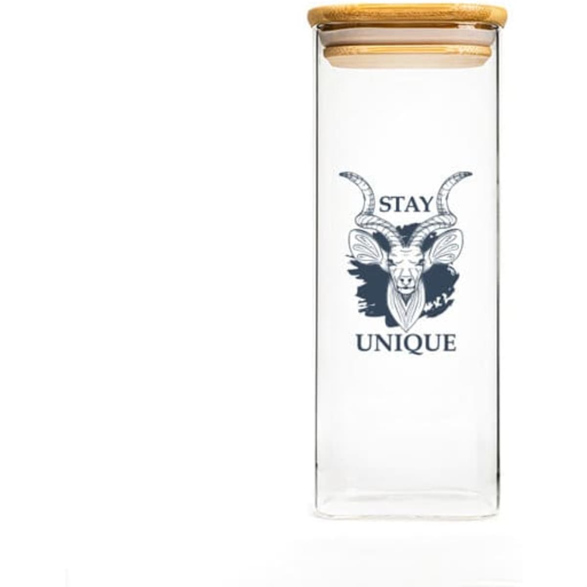 A drink bottle made of clear high borosilicate glass with a wooden lid and a decorative logo featuring a goat design.